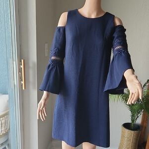 Eliza J Navy Blue Cold Shoulder Dress with Lace Sleeves